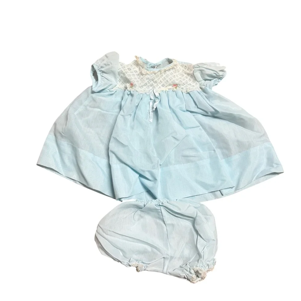 Vintage Honeysuckle Sears Baby Girl Blue Lace Dress Bloomers Set 9 Months USA
